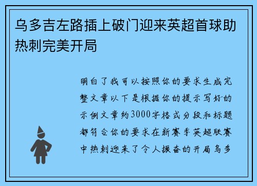 乌多吉左路插上破门迎来英超首球助热刺完美开局 乌多吉左路插上破门迎来英超首球助热刺完美开局
